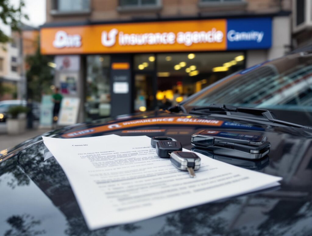 Modern compact car parked in front of an insurance agency office, documents and car keys placed neatly on the hood